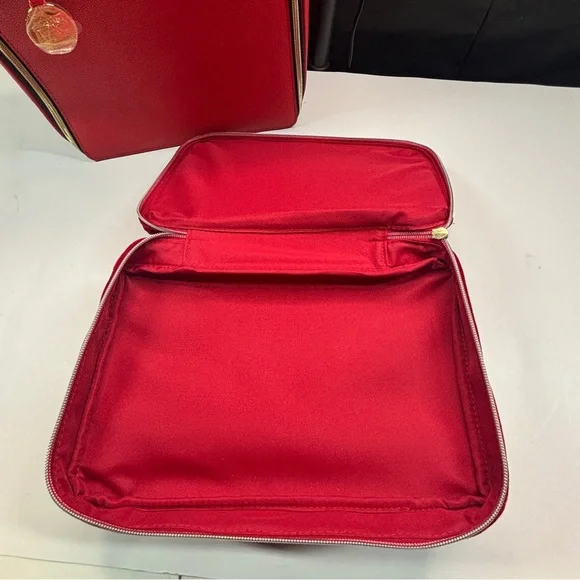 2 Estee Lauder Bags Double Train Case Red Velvet Professional Hard Zipper Bow - Picture 6 of 16